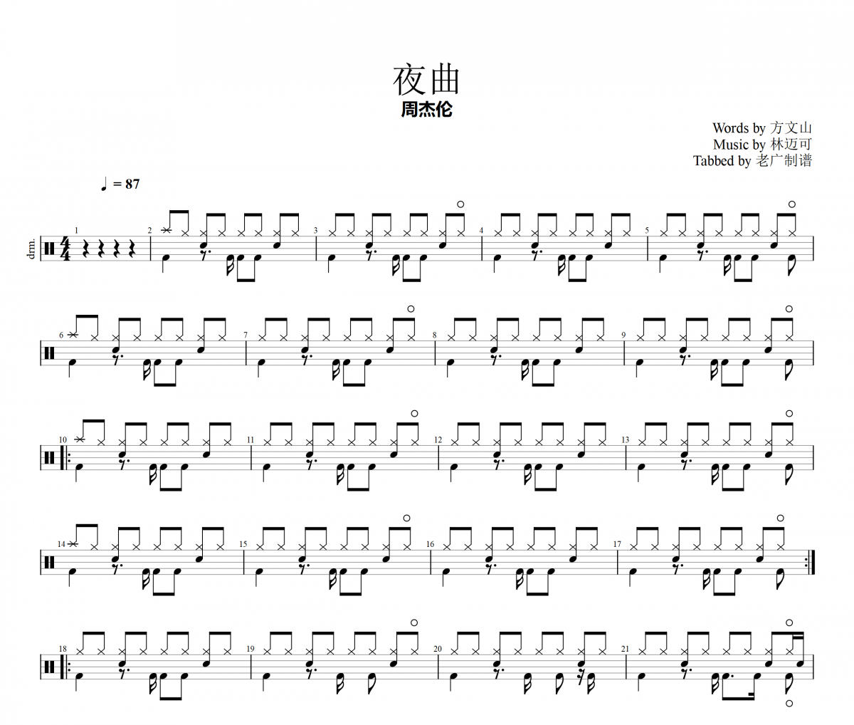 夜曲鼓谱 周杰伦《夜曲》架子鼓|爵士鼓|鼓谱+动态视频