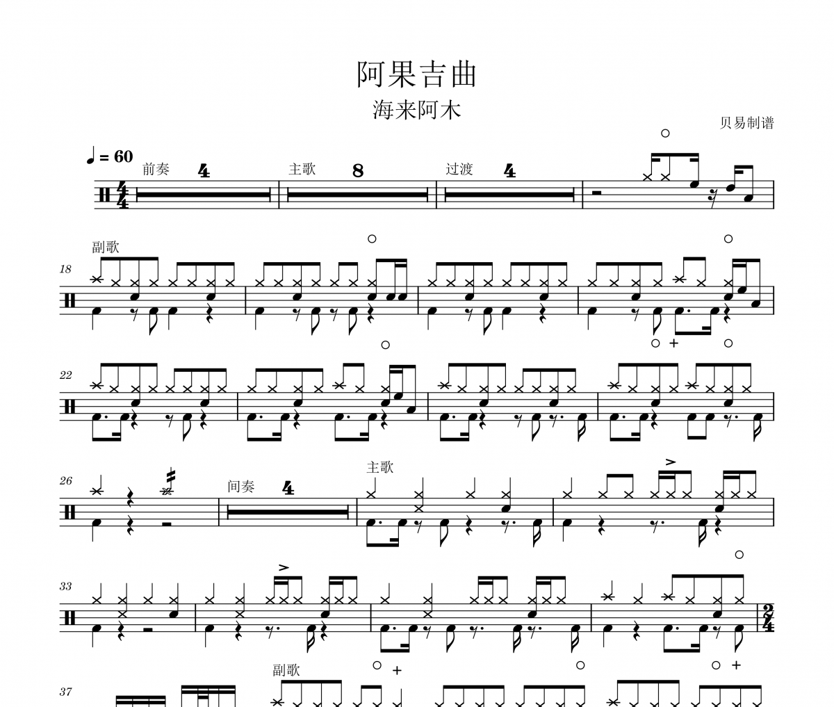 阿果吉曲鼓谱 海来阿木《阿果吉曲》架子鼓|爵士鼓|鼓谱