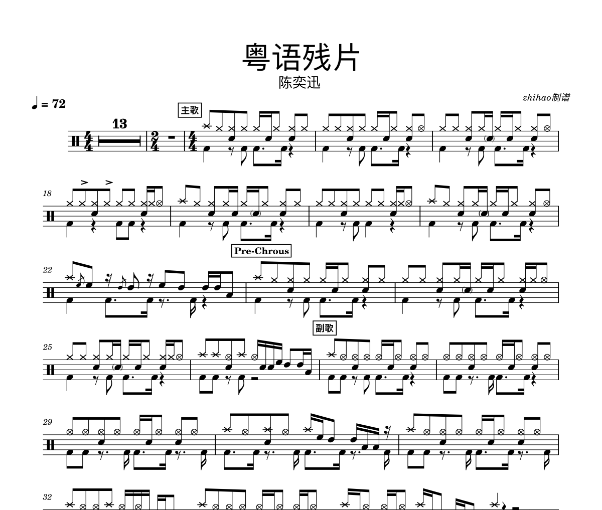 陈奕迅-粤语残片架子鼓|爵士鼓|鼓谱