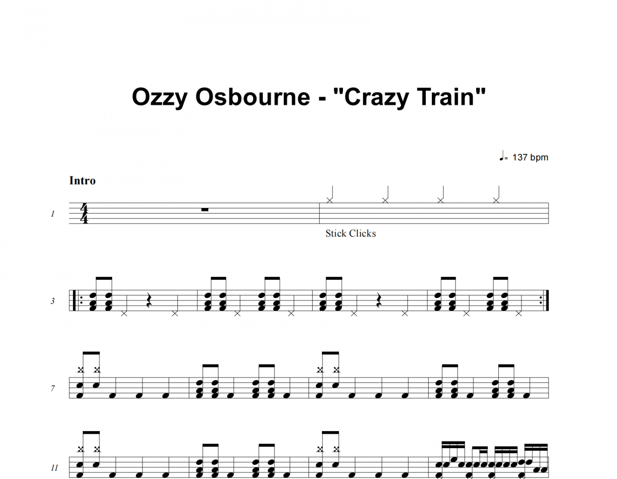 Crazy Train鼓谱 Ozzy Osbourne《Crazy Train》架子鼓|爵士鼓|鼓谱