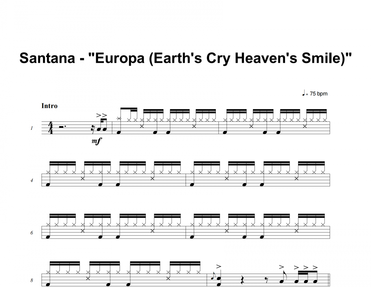Europa 鼓谱 Santana《Europa 》(Earth's Cry Heaven's Smile)架子鼓|爵士