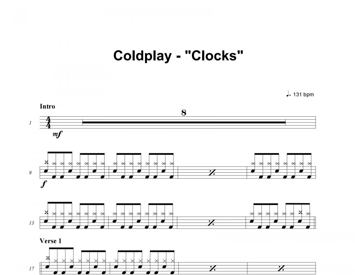 Clocks鼓谱 Coldplay《Clocks》架子鼓|爵士鼓|鼓谱