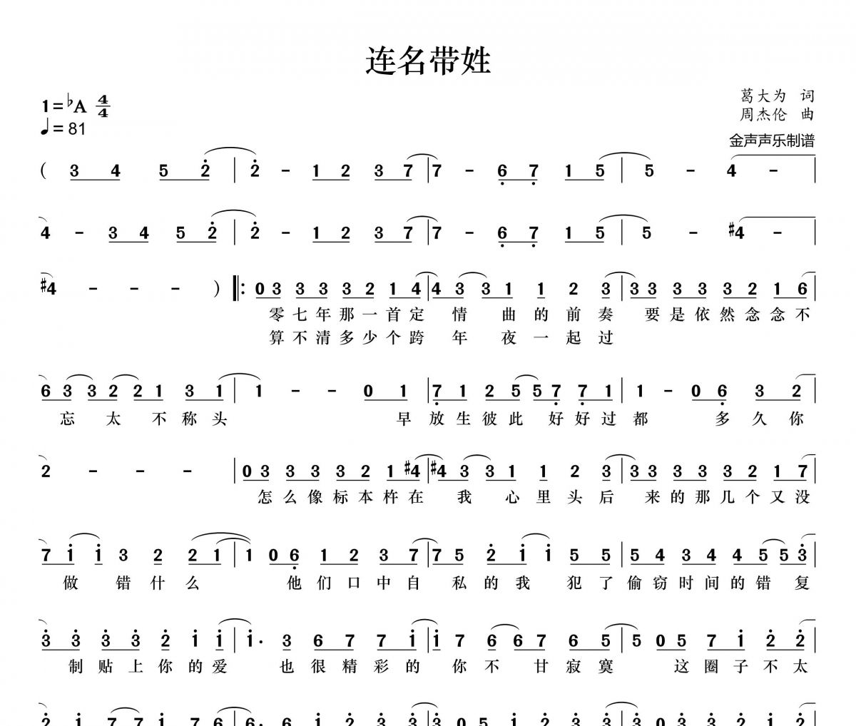 连名带姓简谱 张惠妹《连名带姓》简谱+动态视频