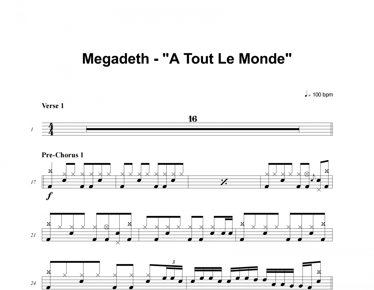 A Tout Le Monde鼓谱 Megadeth《A Tout Le Monde》架子鼓|爵士鼓|鼓谱