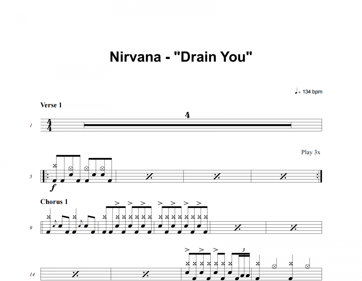 Drain You鼓谱 Nirvana《Drain You》架子鼓|爵士鼓|鼓谱