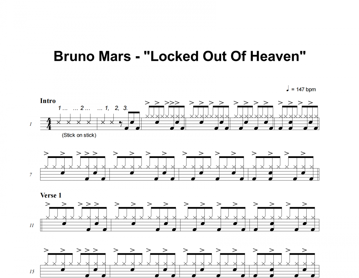 Locked Out Of Heaven鼓谱 Bruno Mars《Locked Out Of Heaven》架子鼓|爵