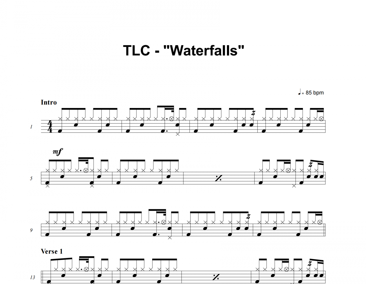 Waterfalls鼓谱 TLC《Waterfalls》架子鼓|爵士鼓|鼓谱