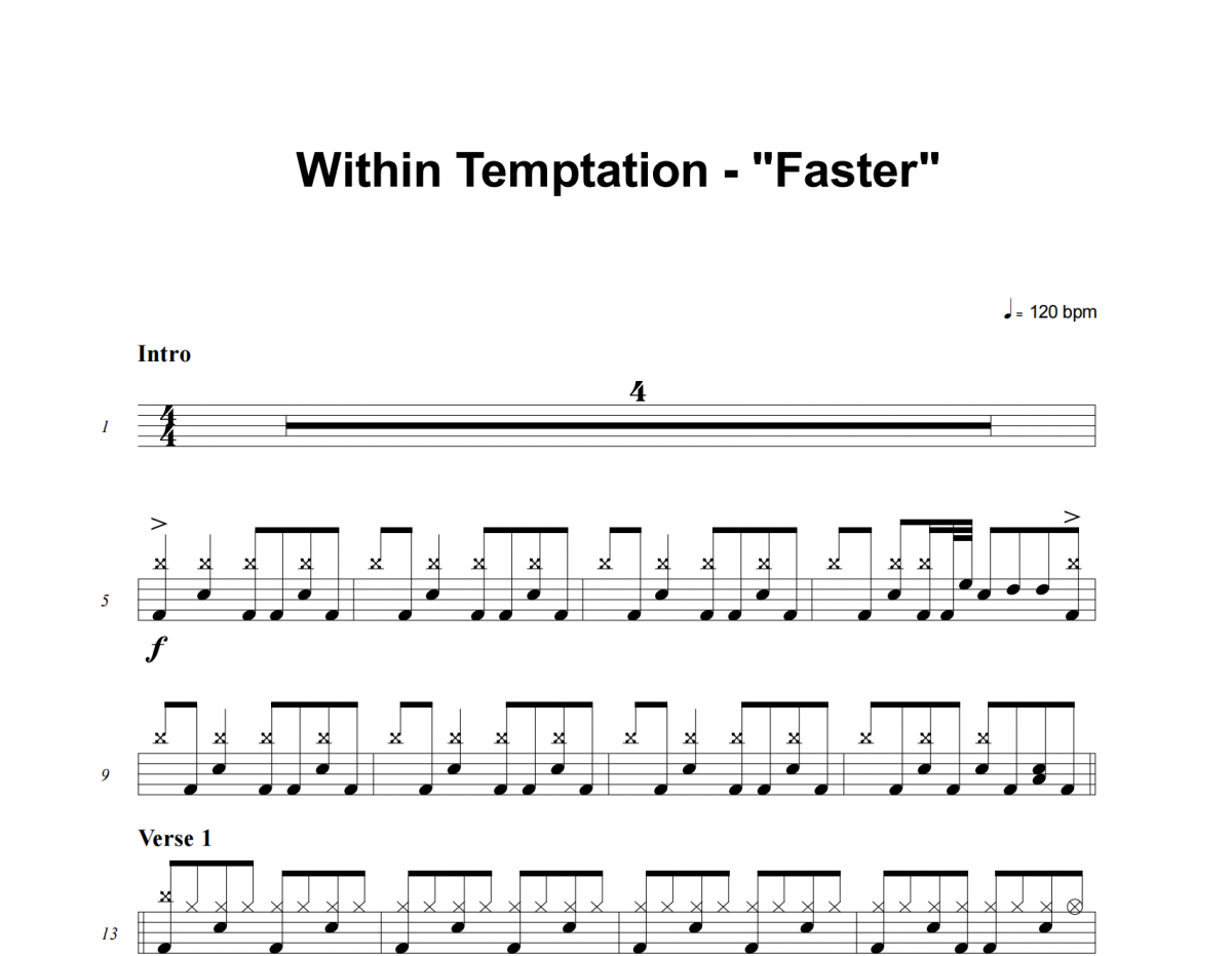 Faster鼓谱 Within Temptation《Faster》架子鼓|爵士鼓|鼓谱