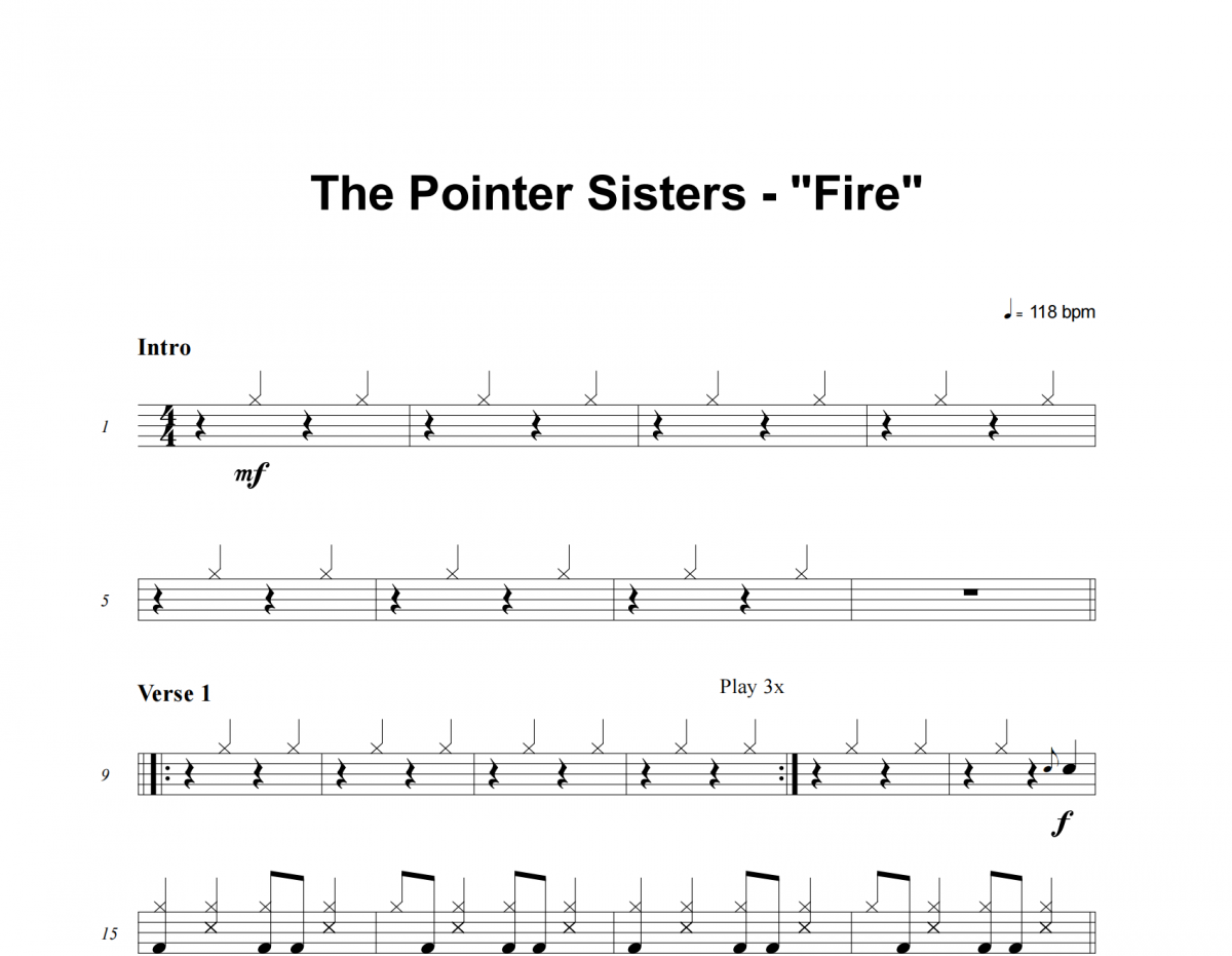 Fire鼓谱 The Pointer Sisters《Fire》架子鼓|爵士鼓|鼓谱