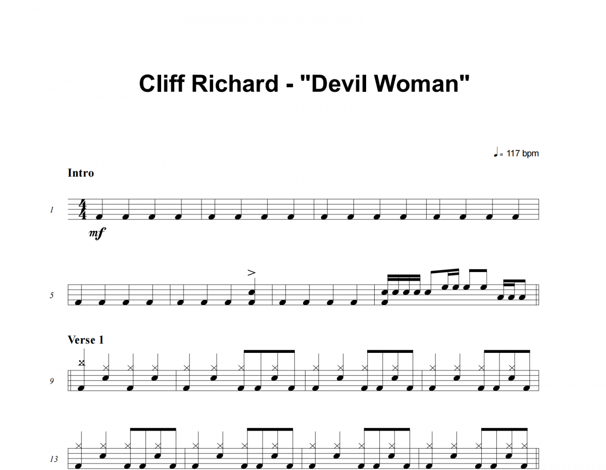 Devil Woman鼓谱 Cliff Richard《Devil Woman》架子鼓|爵士鼓|鼓谱