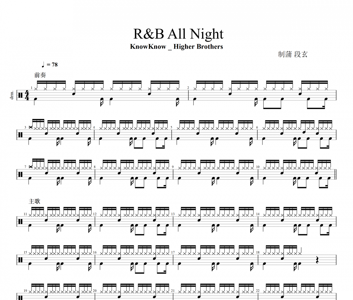 R&B All Night鼓谱 KnowKnow _ Higher Brothers《R&B All Night》架子鼓