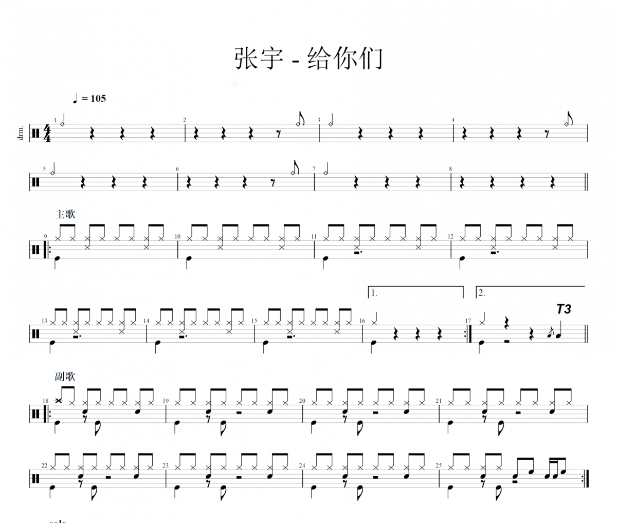 张宇《给你们》架子鼓|爵士鼓|鼓谱