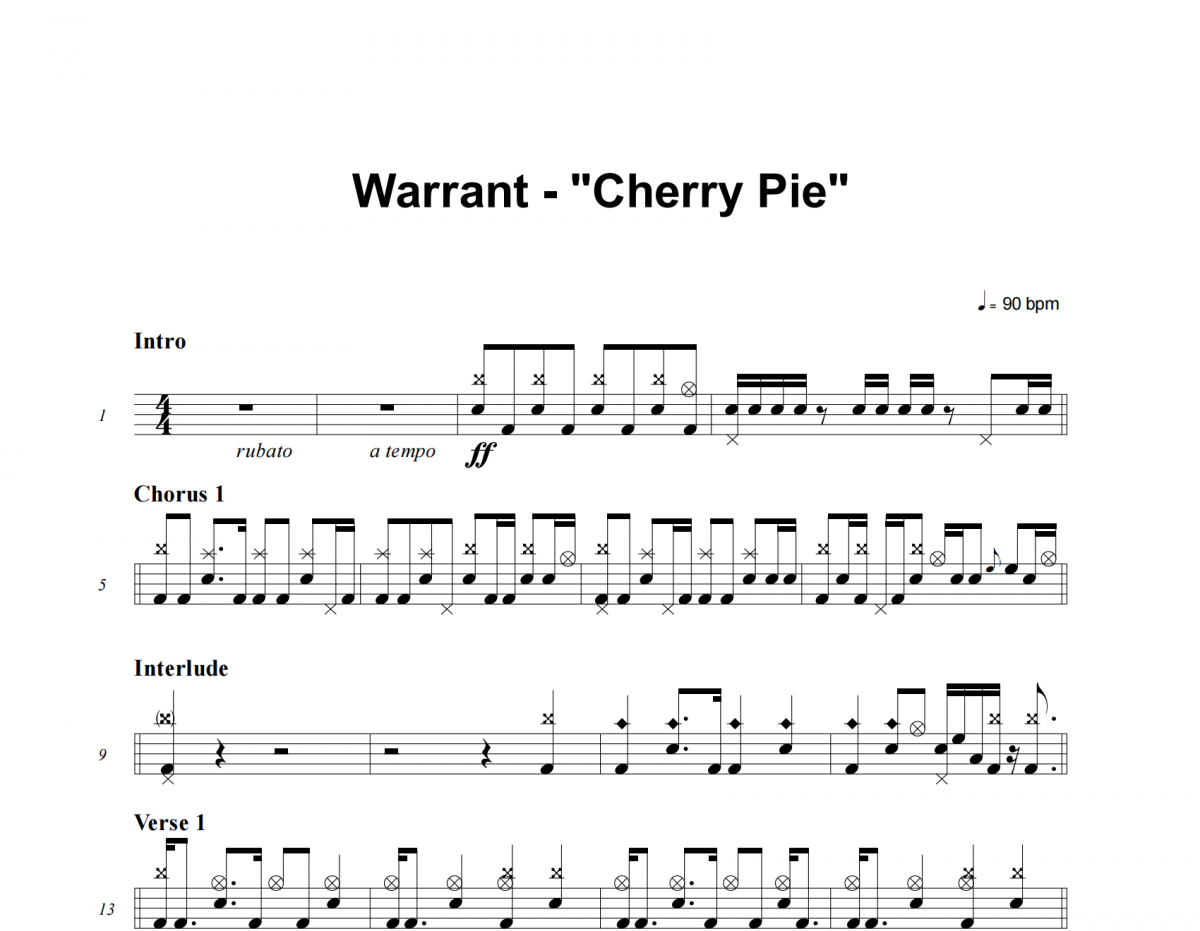 Cherry Pie鼓谱 Warrant《Cherry Pie》架子鼓|爵士鼓|鼓谱
