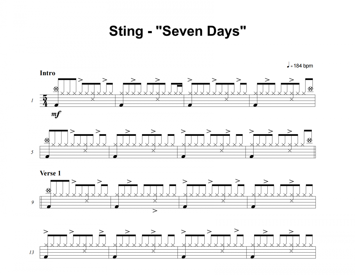 Seven Days鼓谱 Sting《Seven Days》架子鼓|爵士鼓|鼓谱