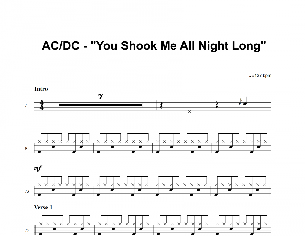 You Shook Me All Night Long鼓谱 AC/DC《You Shook Me All Night L