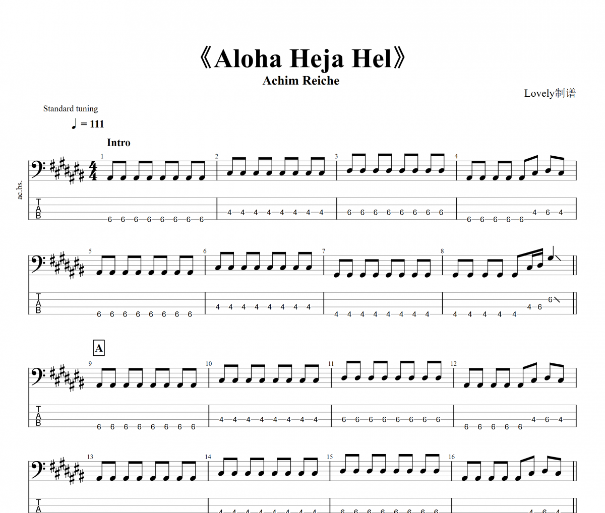 Aloha Heja Hel贝斯谱 Achim Reiche《Aloha Heja Hel》贝司BASS谱