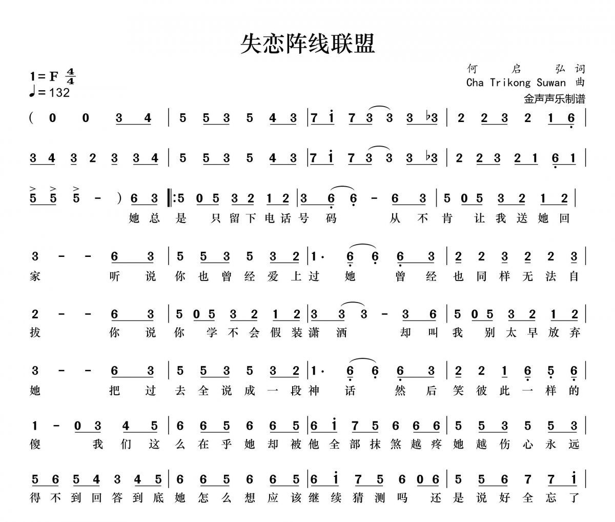 失恋阵线联盟简谱 草蜢《失恋阵线联盟》简谱+动态视频