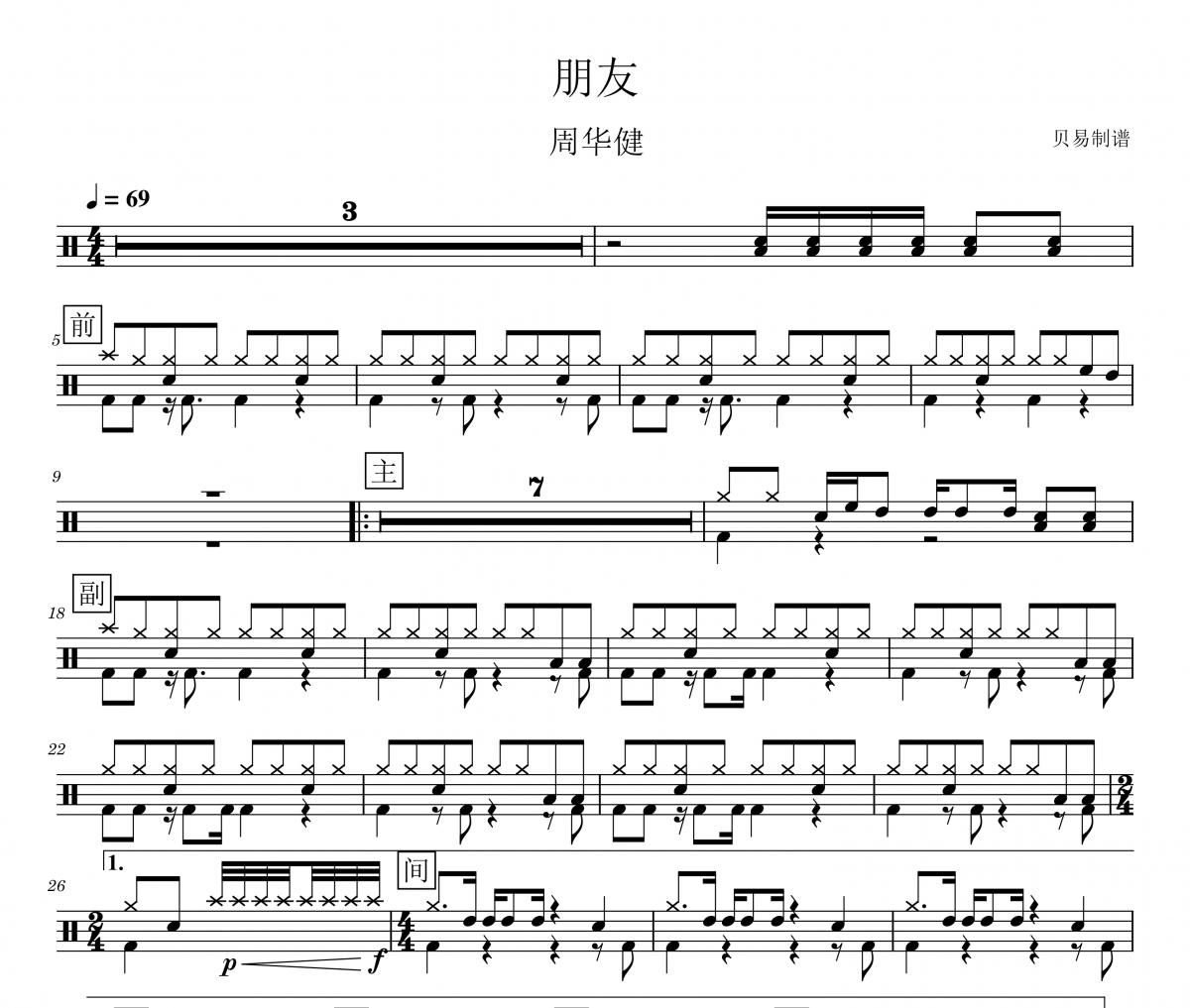 周华健《朋友》架子鼓|爵士鼓|鼓谱