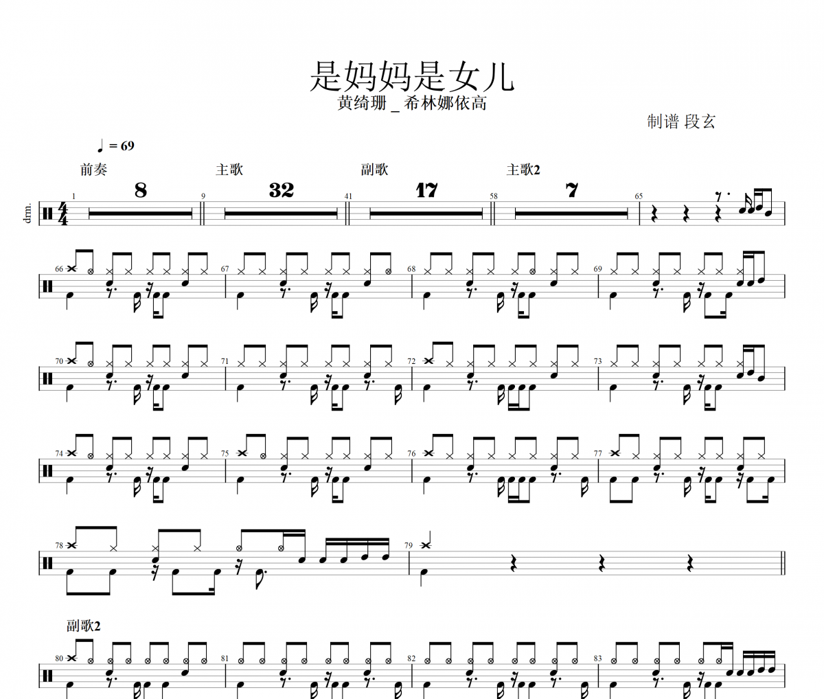 是妈妈是女儿鼓谱 黄绮珊、希林娜依高《是妈妈是女儿》架子鼓|爵士鼓|鼓谱+动态视频
