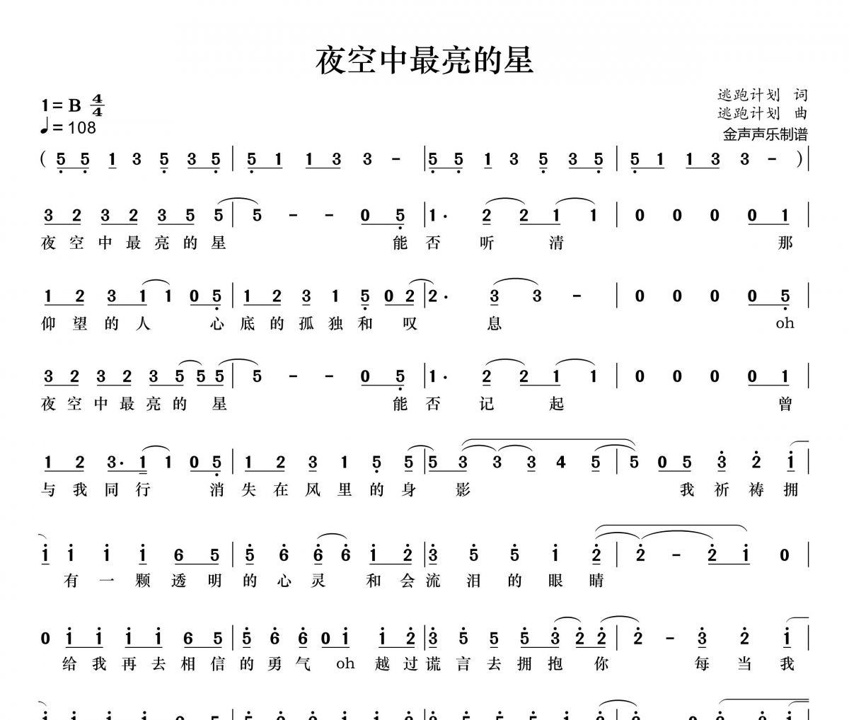 夜空中最亮的星简谱 逃跑计划《夜空中最亮的星》简谱+动态视频