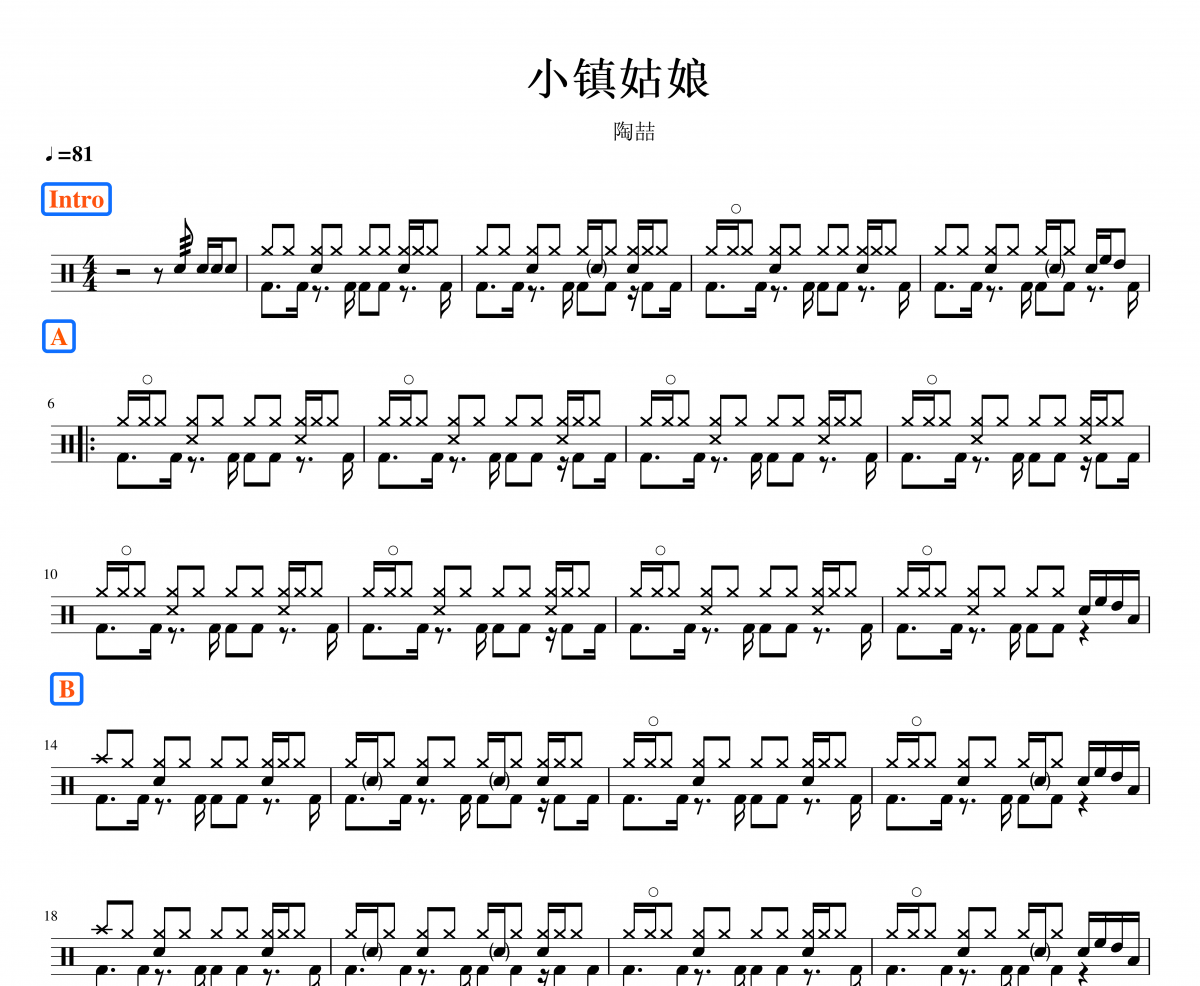 陶喆《小镇姑娘》架子鼓|爵士鼓|鼓谱