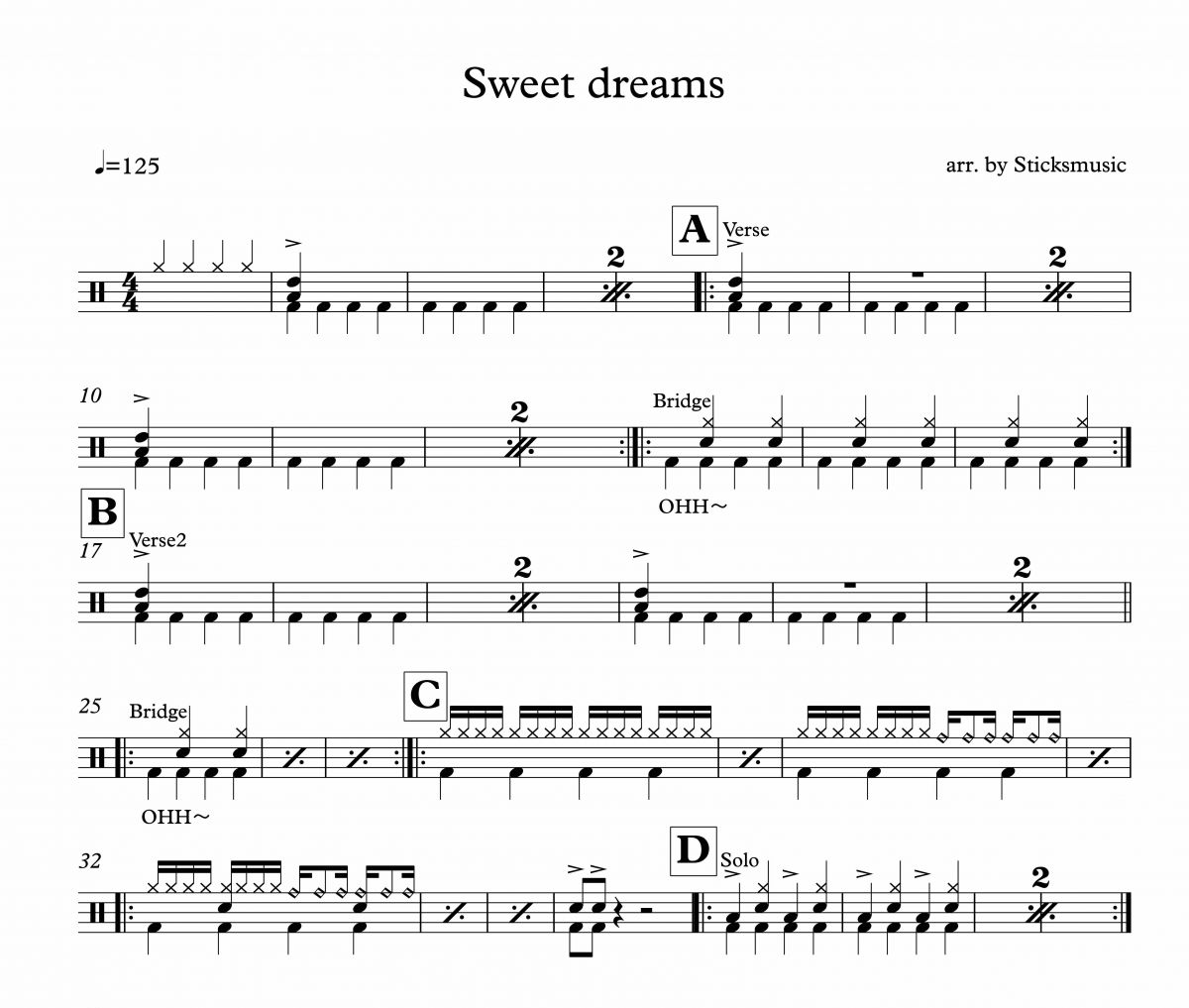Sweet Dreams鼓谱 Eurythmics《Sweet Dreams》架子鼓|爵士鼓|鼓谱