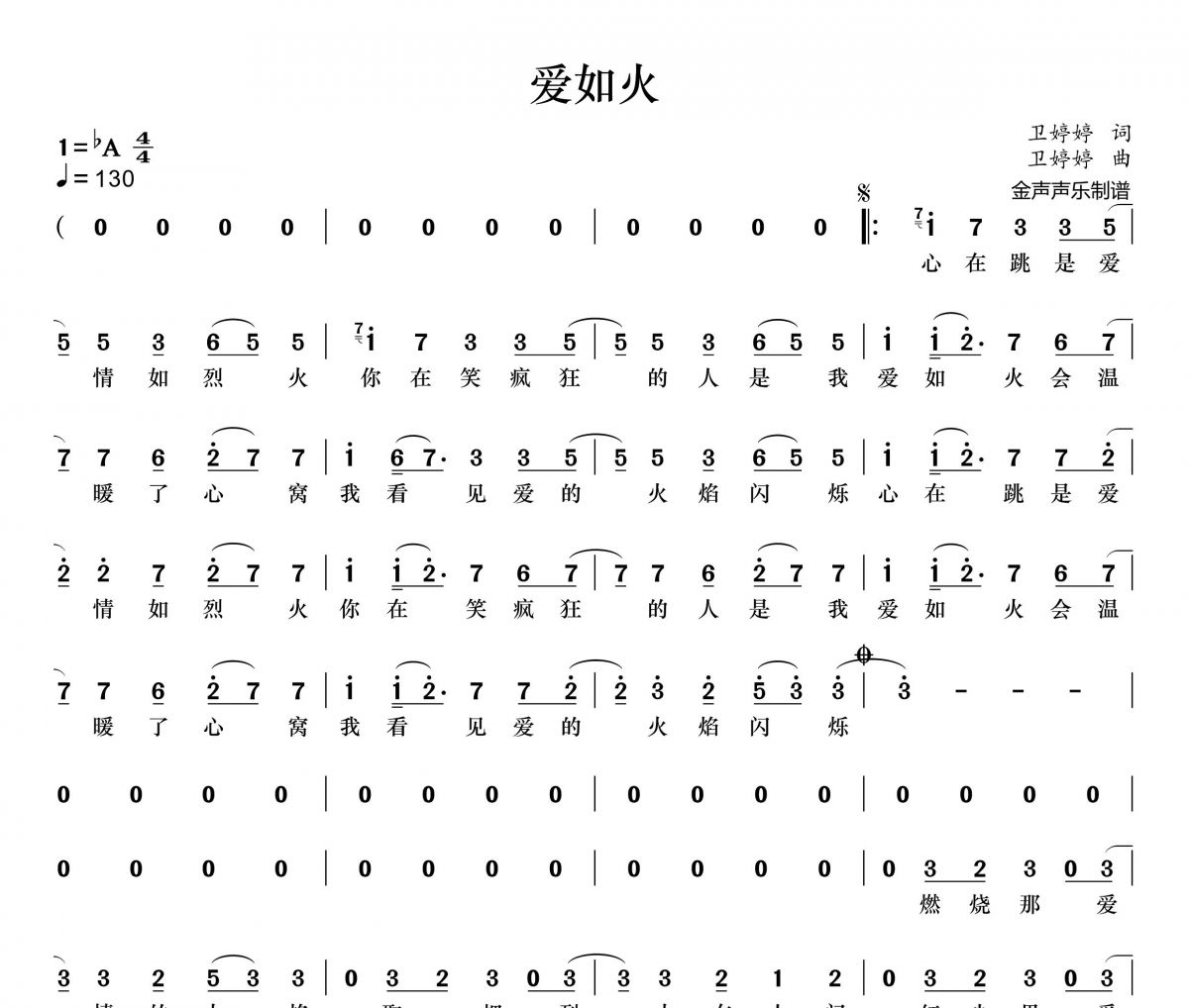 爱如火简谱 张艺娜《爱如火》简谱+动态视频