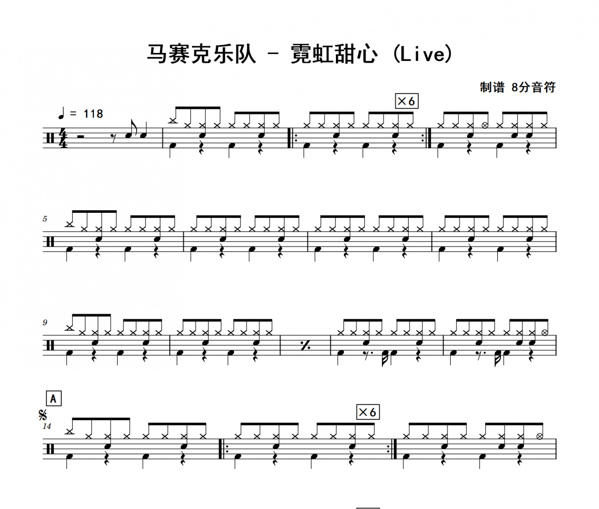 霓虹甜心 鼓谱 马赛克乐队《霓虹甜心 》(Live)架子鼓|爵士鼓|鼓谱