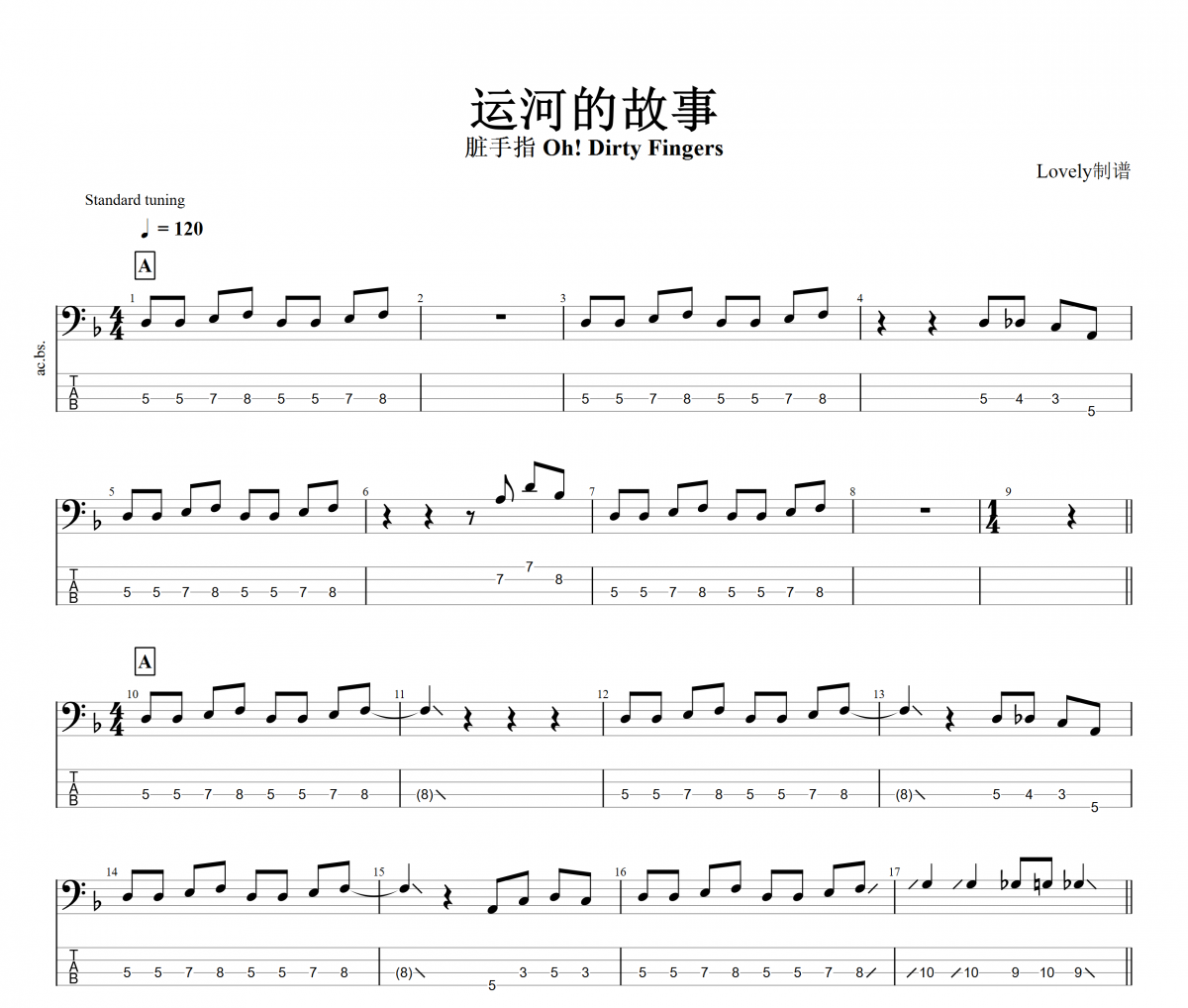 运河的故事 贝斯谱 脏手指 Oh! Dirty Fingers 《运河的故事 》贝司BASS谱