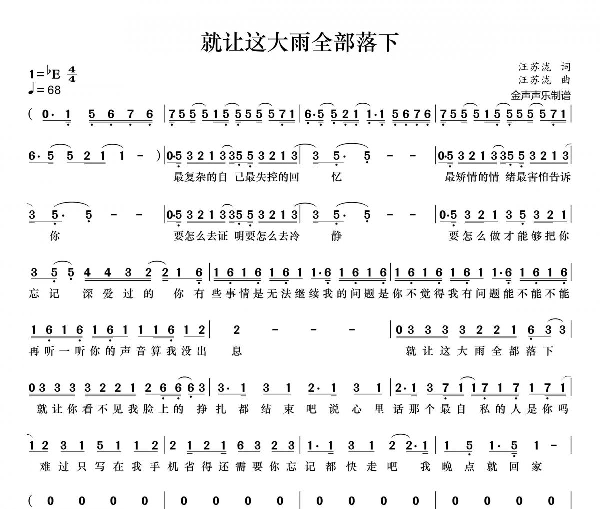就让这大雨全部落下简谱 容祖儿《就让这大雨全部落下》简谱+动态视频