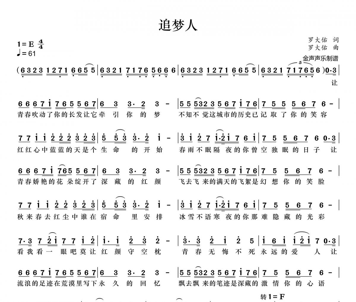 追梦人简谱 凤飞飞《追梦人》简谱+动态视频