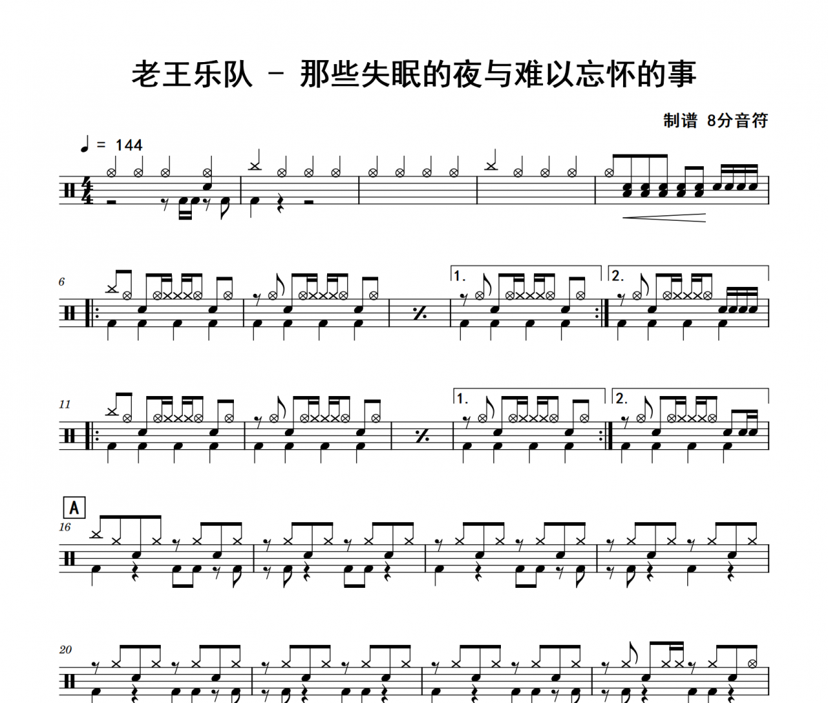 老王乐队-那些失眠的夜与难以忘怀的事架子鼓|爵士鼓|鼓谱