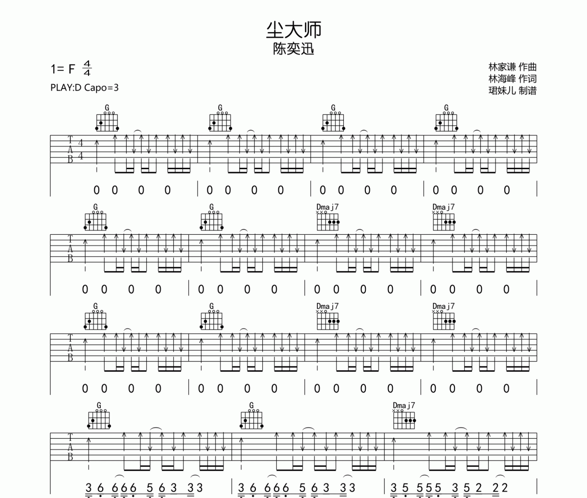 尘大师吉他谱 陈奕迅《尘大师》六线谱D调指法编吉他谱