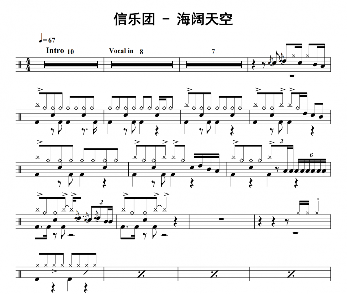 信乐团《海阔天空》架子鼓|爵士鼓|鼓谱
