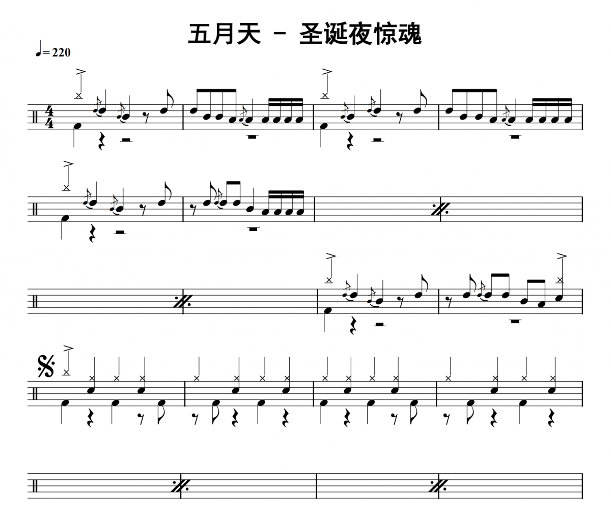 圣诞夜惊魂鼓谱 五月天《圣诞夜惊魂》架子鼓|爵士鼓|鼓谱