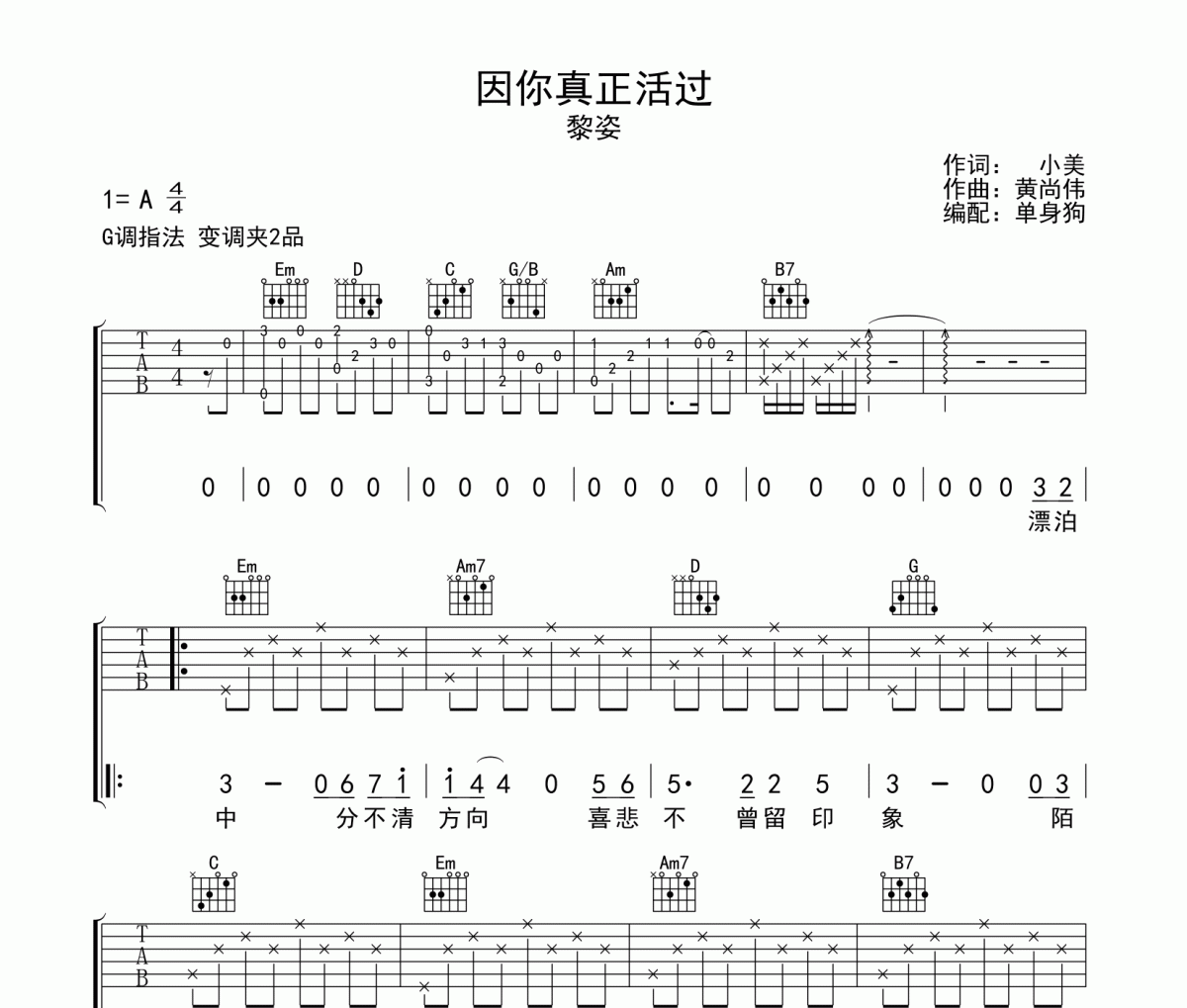 因你真正活过 吉他谱 黎姿《因你真正活过 》G调 弹唱谱
