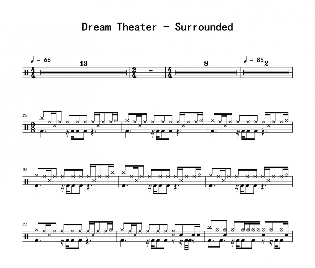 Surrounded鼓谱 Dream Theater《Surrounded》架子鼓|爵士鼓|鼓谱
