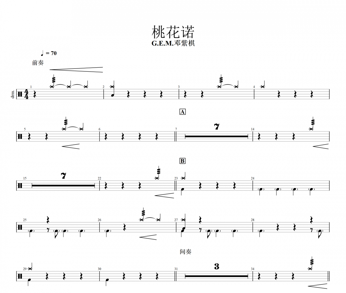 桃花诺鼓谱 G.E.M.邓紫棋-桃花诺爵士鼓鼓谱