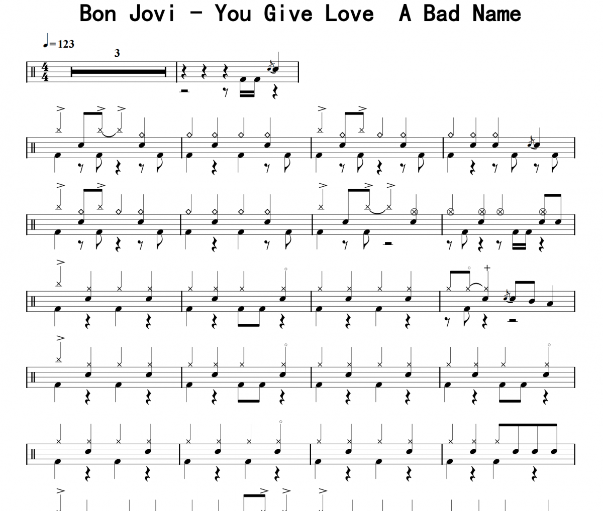 Bon Jovi-You Give Love  A Bad Name架子鼓|爵士鼓|鼓谱 16分音符发布