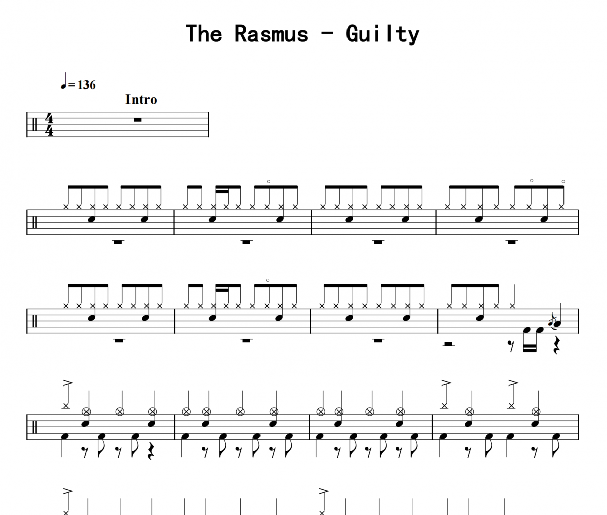 Guilty鼓谱 The Rasmus《Guilty》架子鼓|爵士鼓|鼓谱 8分音符发布
