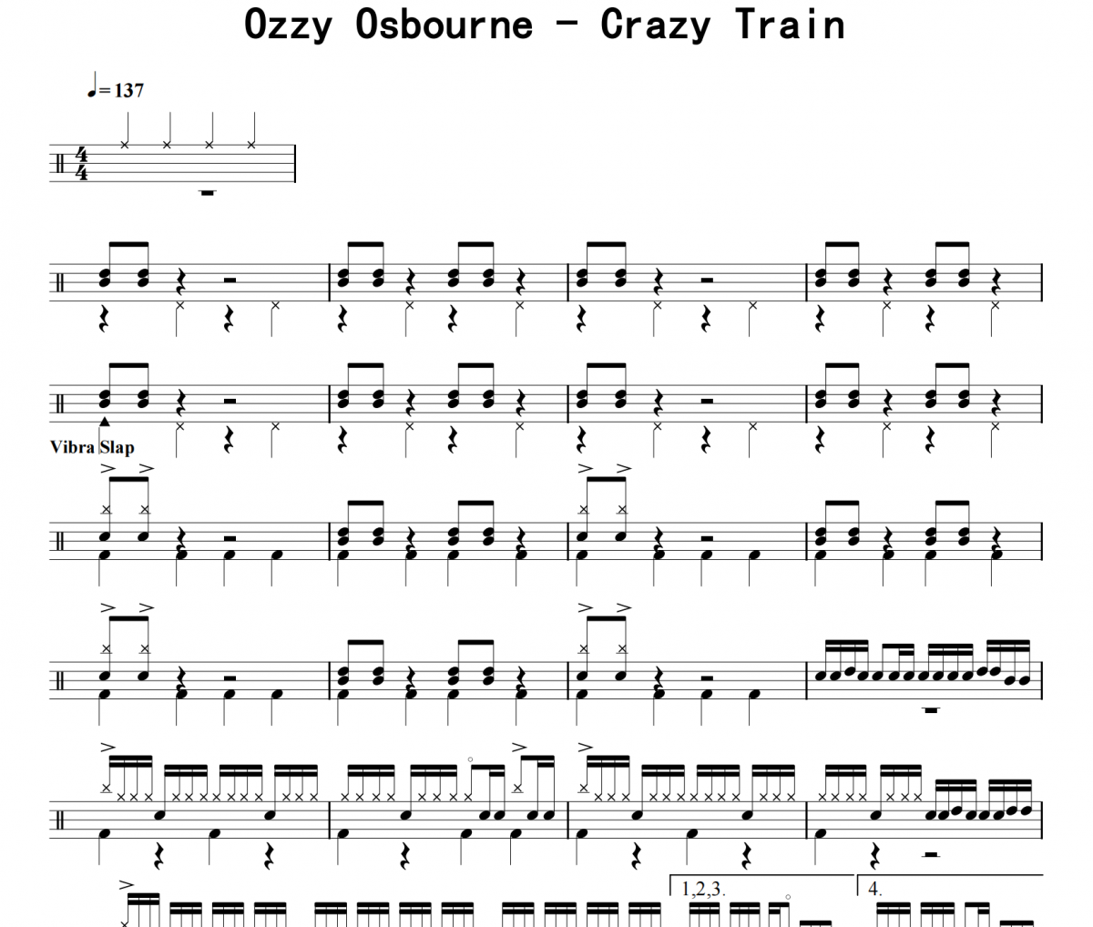 Ozzy Osbourne《Crazy Train》架子鼓|爵士鼓|鼓谱 8分音符发布