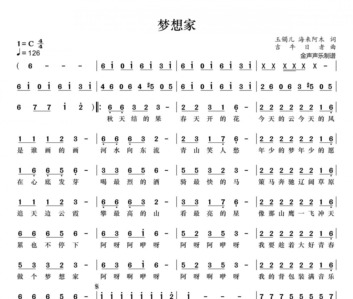 梦想家简谱 李悟小礼物《梦想家》简谱+动态视频