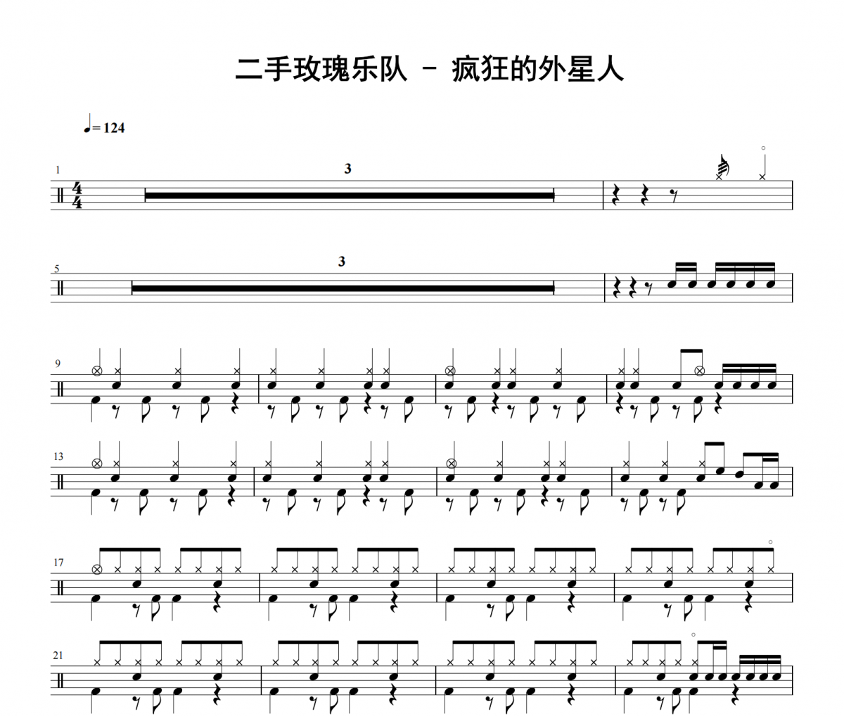 二手玫瑰乐队《疯狂的外星人》架子鼓|爵士鼓|鼓谱 老虎不说谎发布