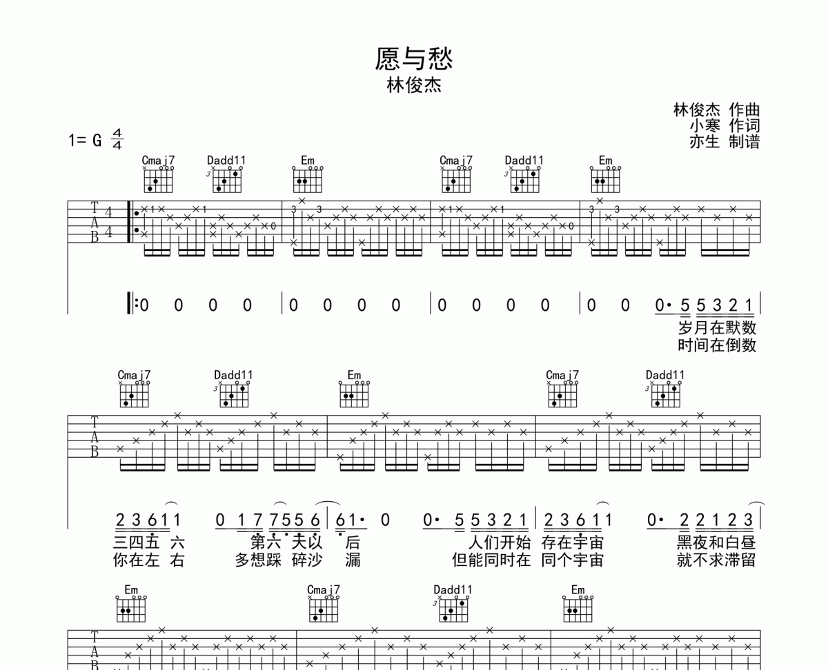 愿与愁吉他谱 林俊杰《愿与愁》六线谱G调和弦指法演奏版吉他谱