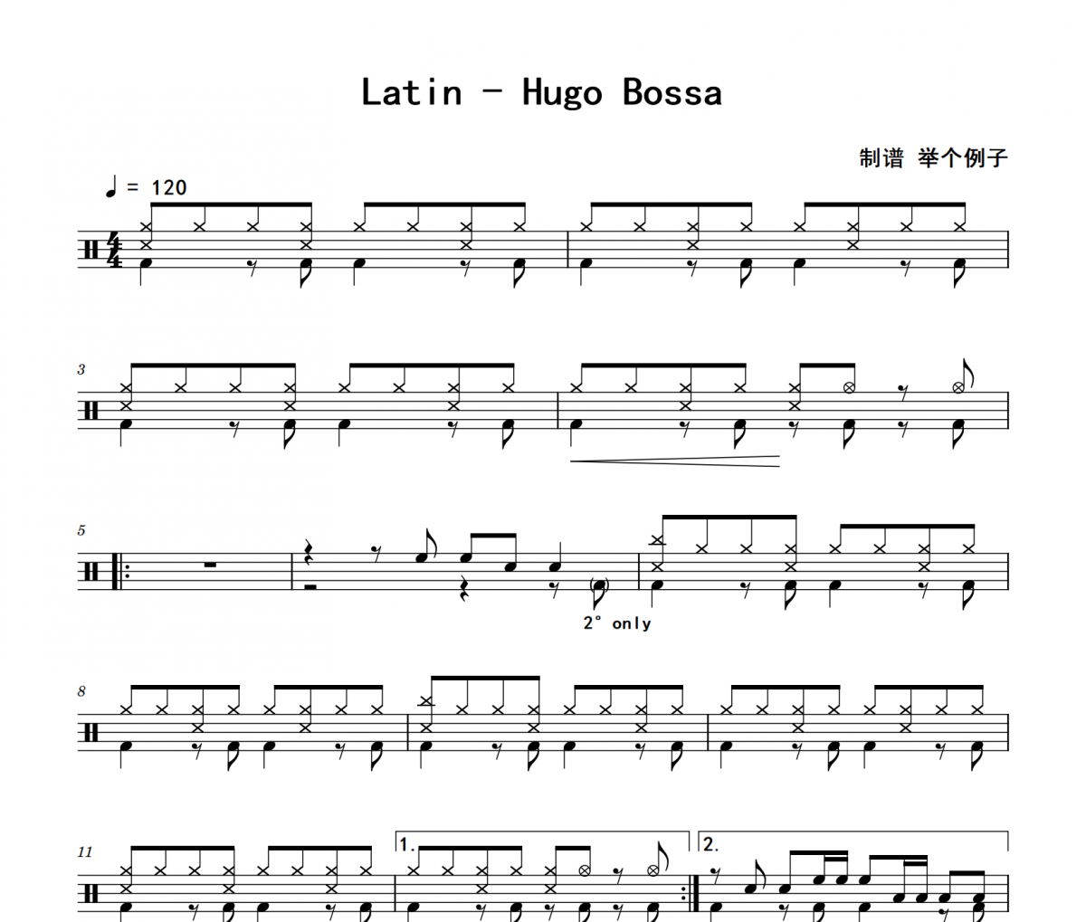 Hugo Bossa鼓谱 Latin《Hugo Bossa》(无即兴填充)架子鼓|爵士鼓|鼓谱