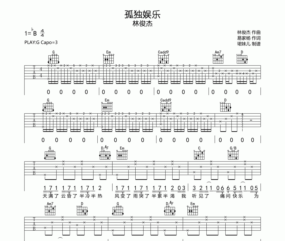 孤独娱乐吉他谱 林俊杰-孤独娱乐G调指法编弹唱谱