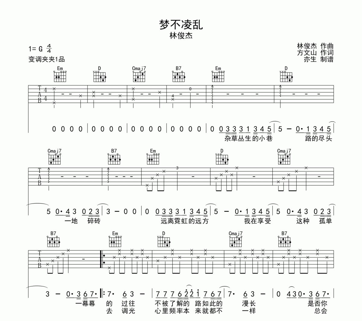 梦不凌乱吉他谱 林俊杰《梦不凌乱》六线谱G调和弦指法演奏吉他谱