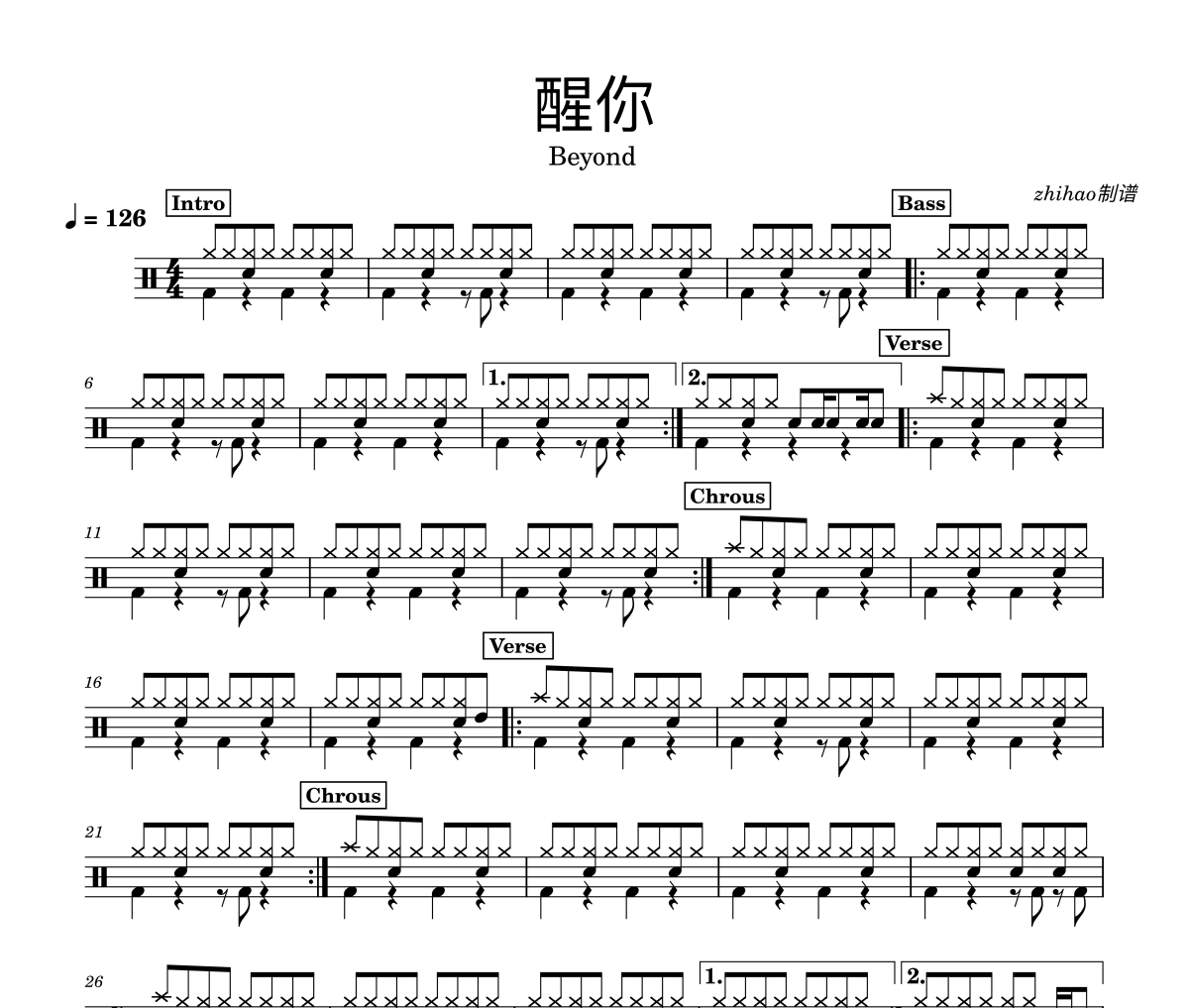 醒你鼓谱 Beyond《醒你》架子鼓|爵士鼓|鼓谱