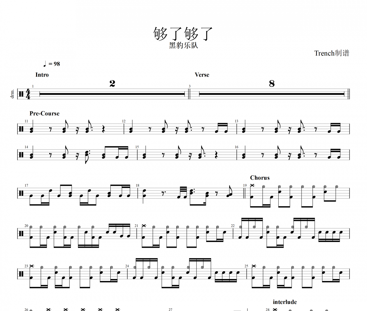 够了够了鼓谱 黑豹乐队-够了够了(简化版)架子鼓|爵士鼓|鼓谱