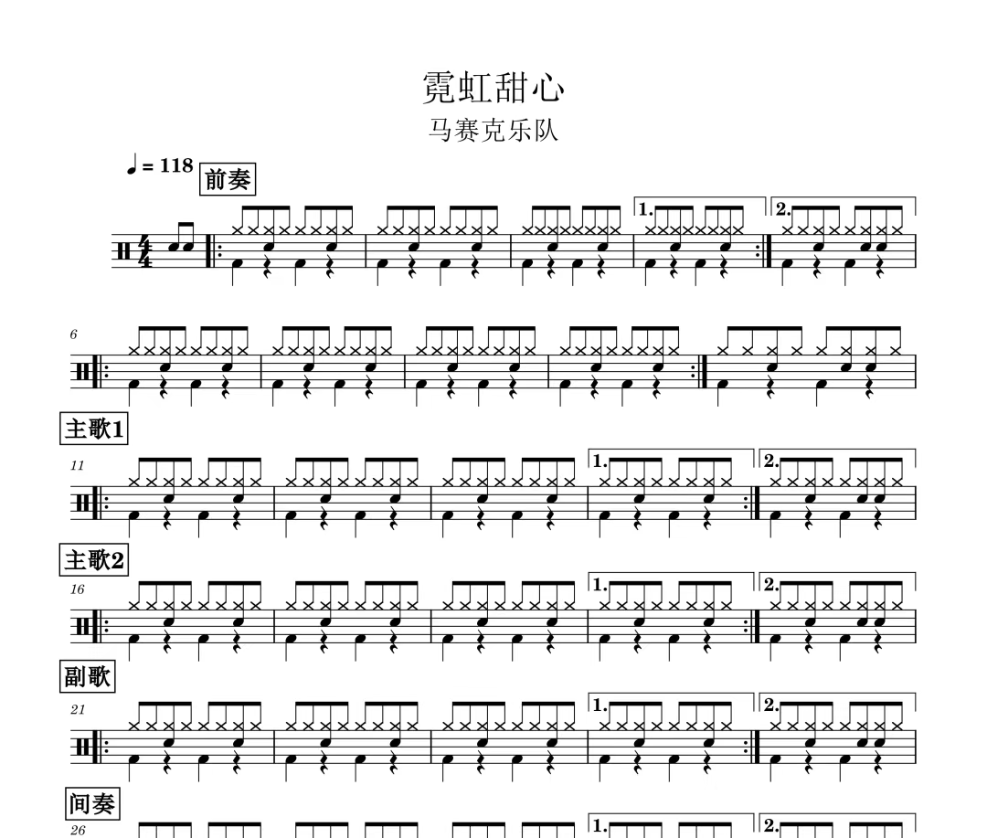 马赛克乐队《霓虹甜心》架子鼓|爵士鼓|鼓谱 汉堡粑比发布